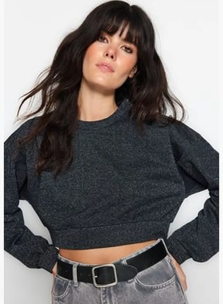 Black With Yarn Glitter Glittery, Comfortable Cut Crop Knitted Sweatshirt TWOAW24SW00240.