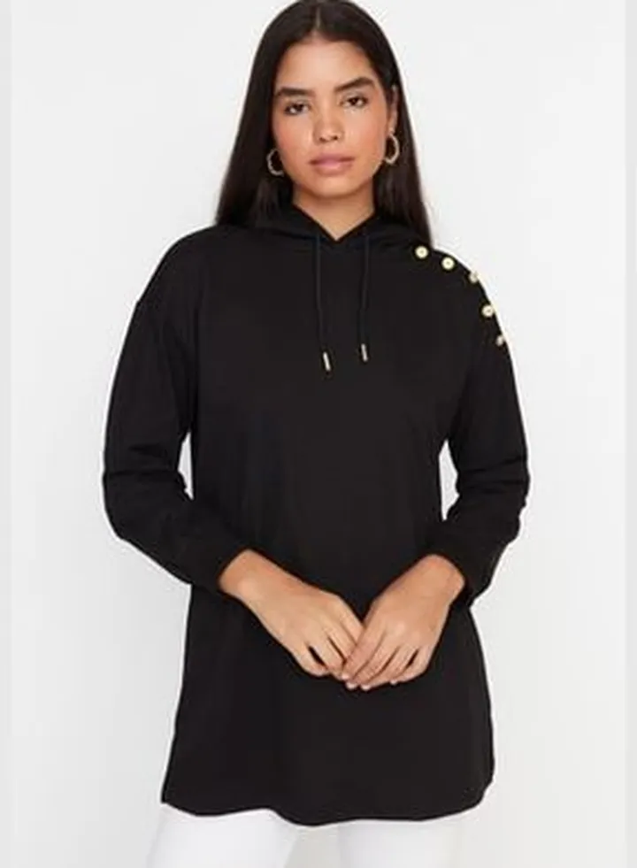 Black Buttoned Hooded Knitted Sweatshirt
