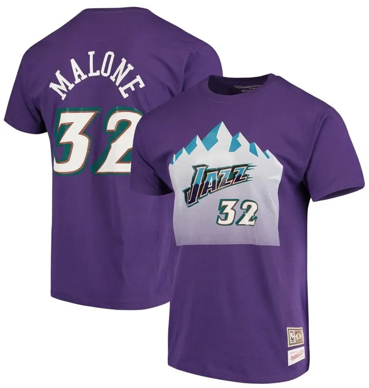 Men's Karl Malone Purple Utah Jazz Hardwood Classics Team Name & Number T-shirt