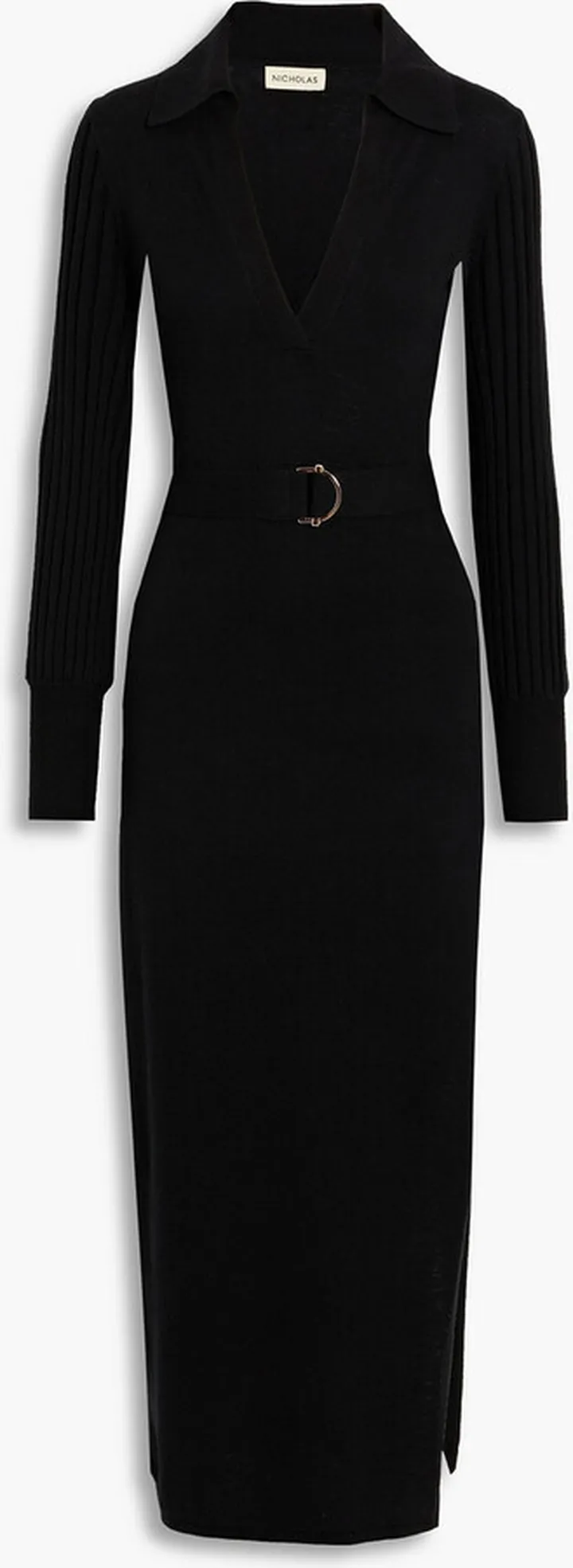 Belted ribbed wool and cotton-blend maxi dress