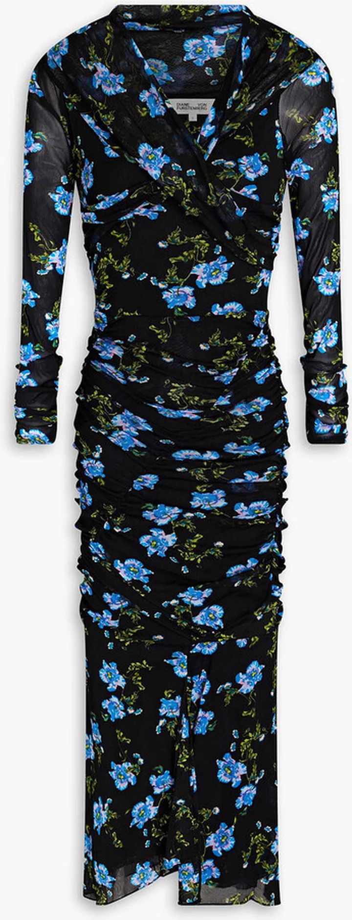 Ganesa ruched floral-print stretch-mesh midi dress