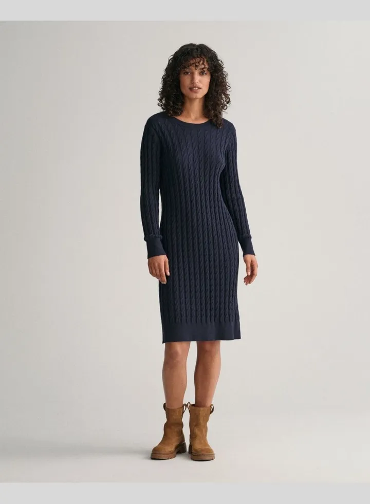 Stretch Cotton Cable Knit Crew Neck Dress