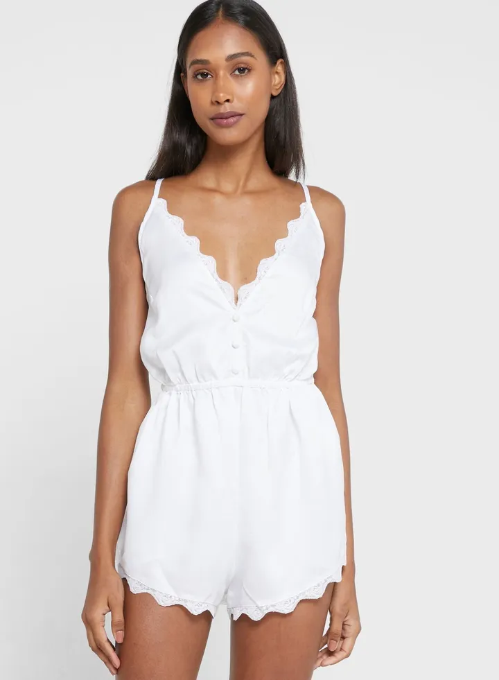 Bridal Plunge Satin Teddy White