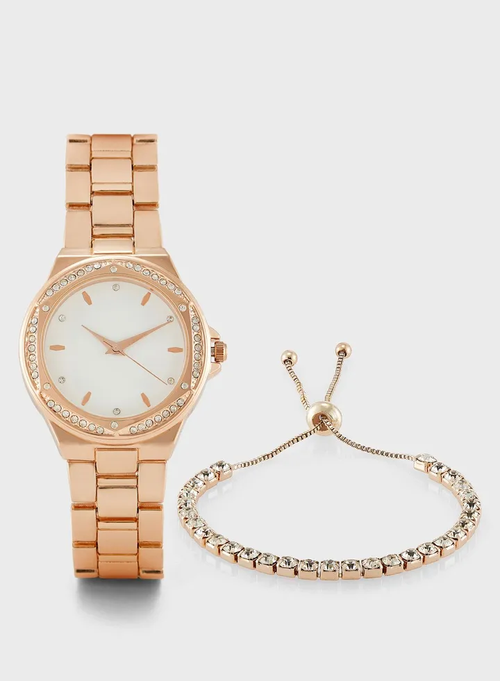 Rhinestone Dial Watch & Bracelet Gift Set