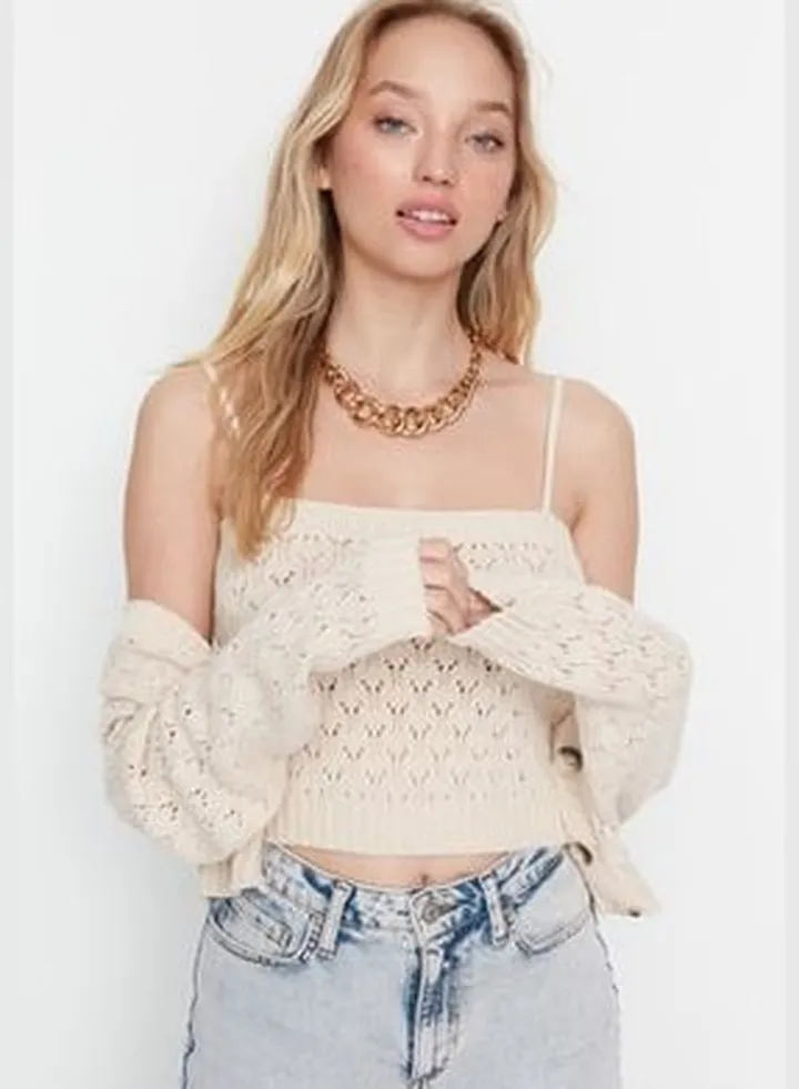 With Stone Openwork/Perforated Button Detail Blouse- Cardigan Knitwear Suit TWOSS20HI0034