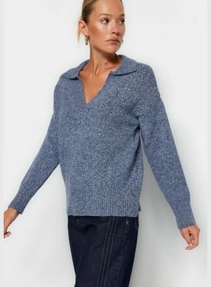 Blue Cotton Polo Collar Knitwear Sweater TWOAW24KZ00089