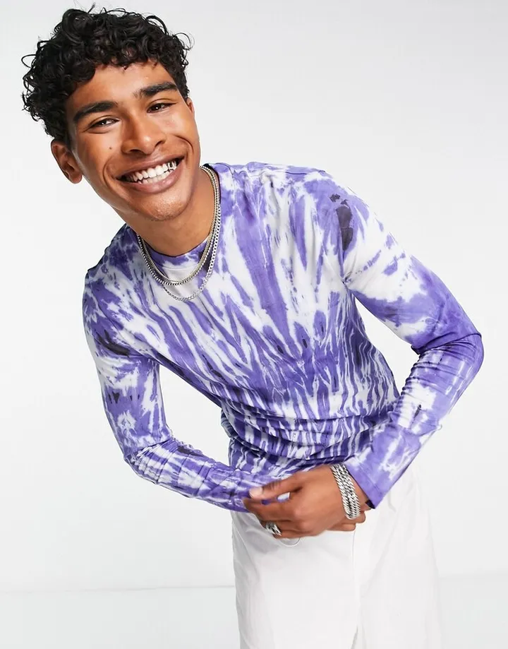ASOS DESIGN muscle fit long sleeve T-shirt in purple tie dye blue