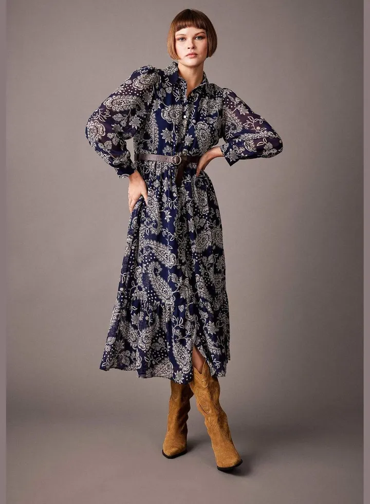 Woman Shirt Neck Long Sleeve Woven Dress