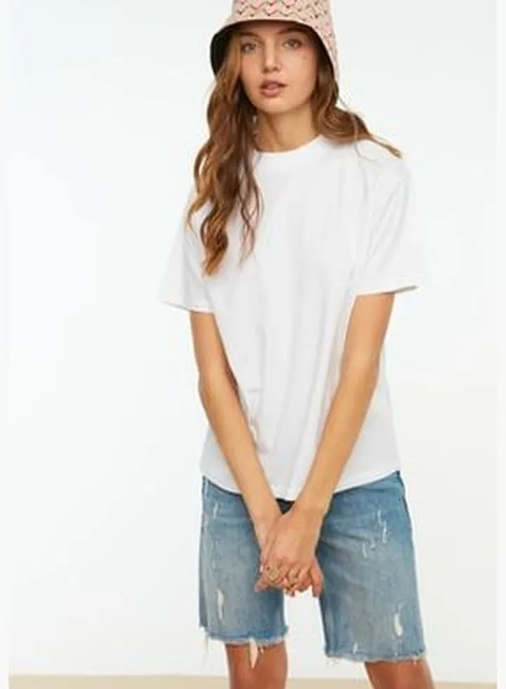White 100% Cotton Basic Stand-Up Collar Knitted T-shirt