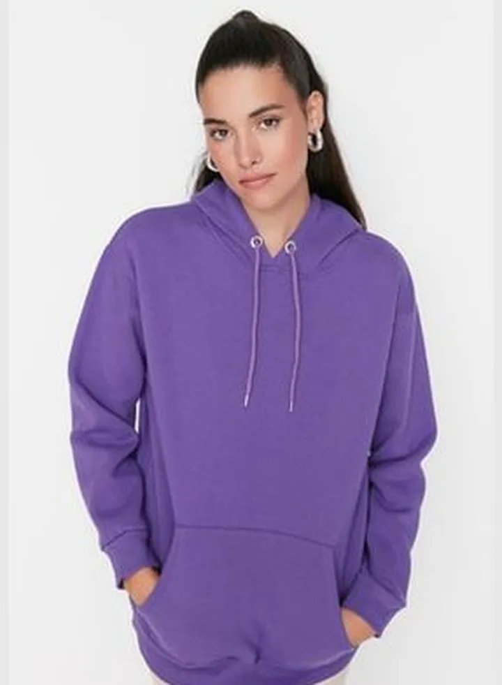 Purple Thick Fleece Inside Kangaroo Pocket Hoodie Boyfriend/Wide Fit Knitted Sweatshirt