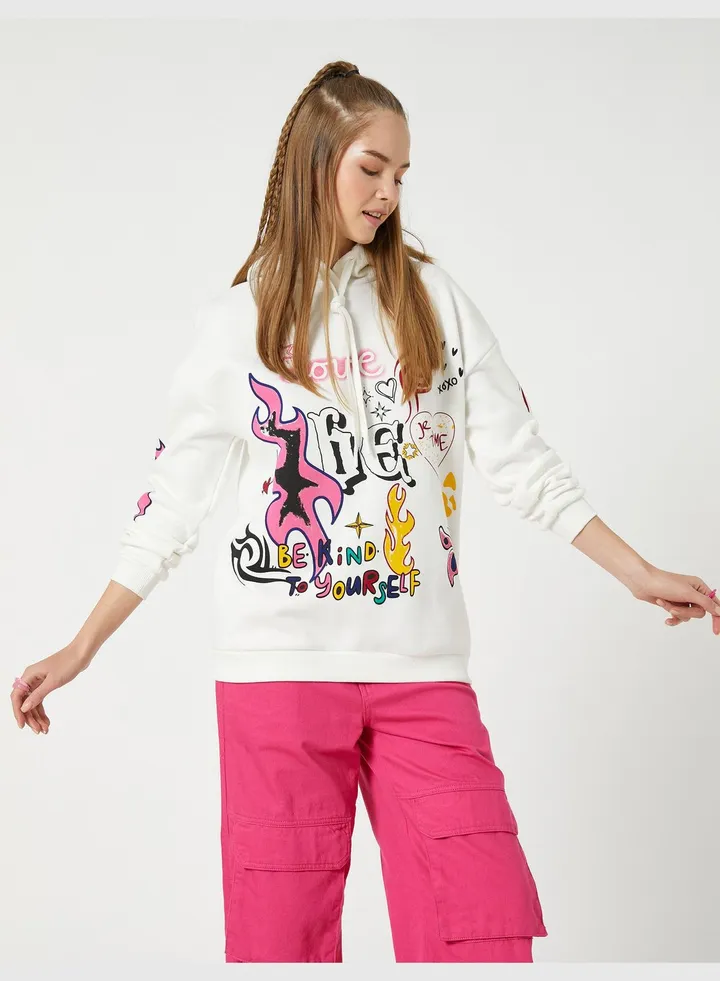 Graffiti Printed Long Sleeve Ribbed Hoodie