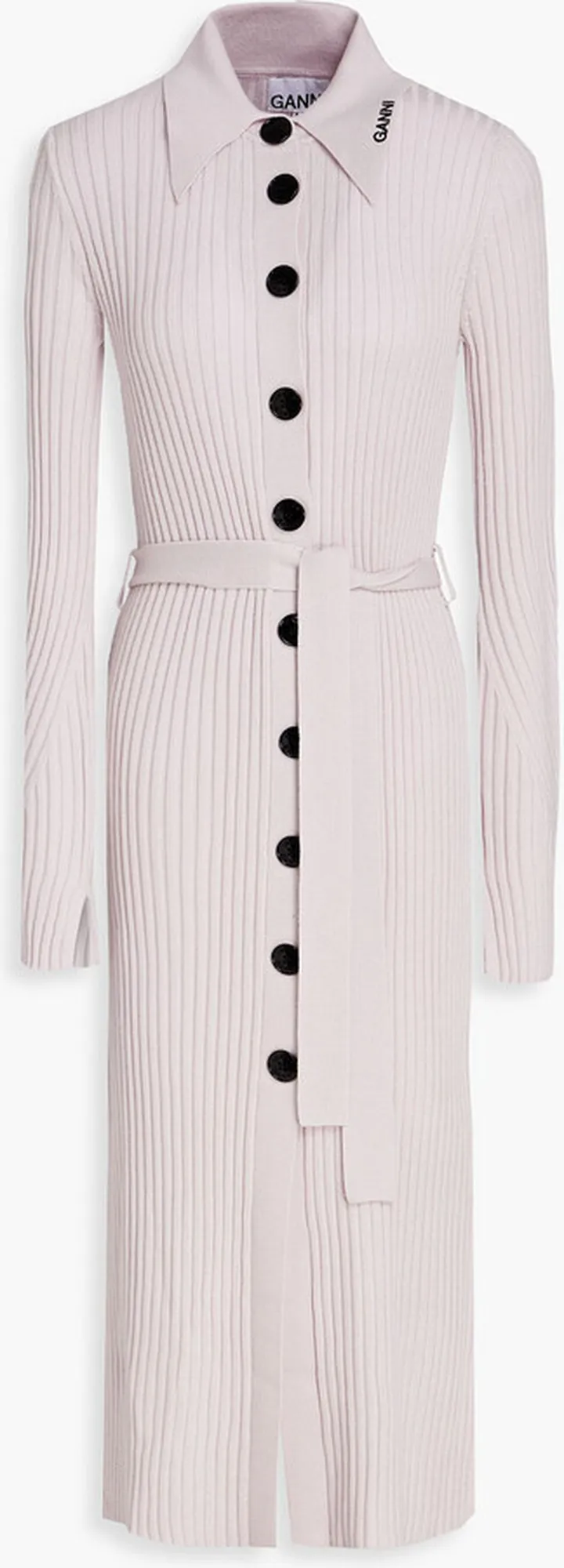 Belted ribbed merino wool midi dress