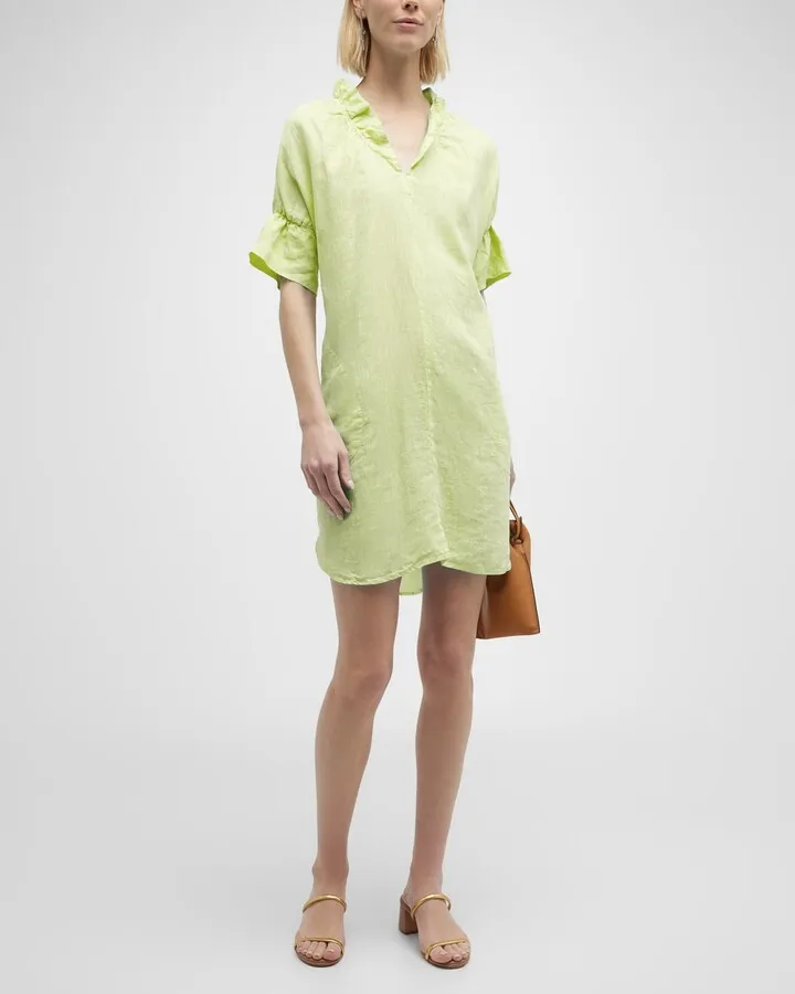 Crosby Bell-Sleeve Ruffle-Trim Linen Shirtdress