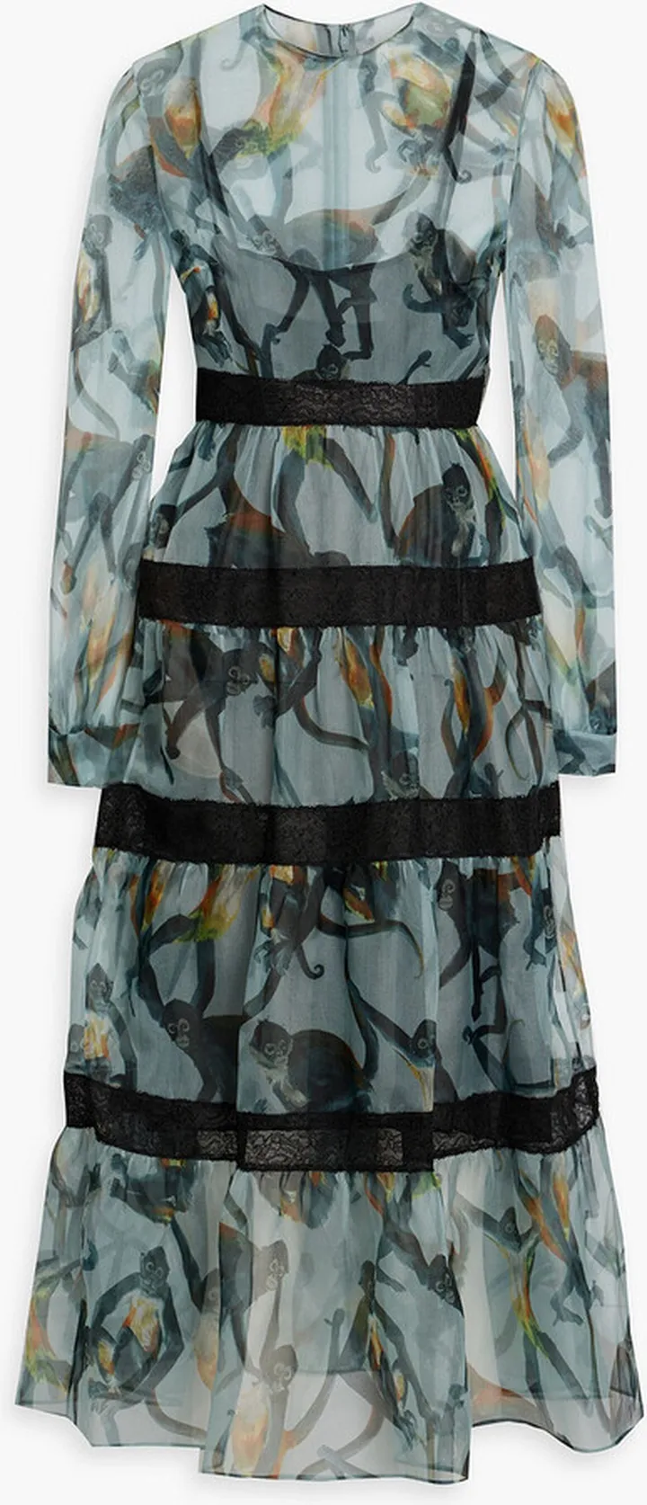 Lace-trimmed tiered printed silk-organza midi dress
