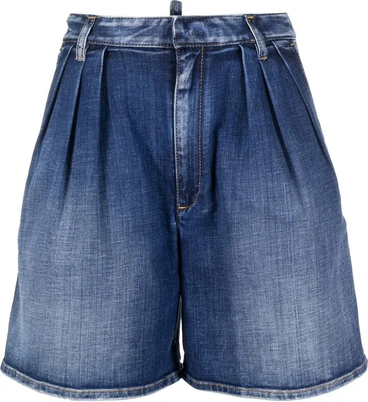 Box-Pleat Denim Shorts