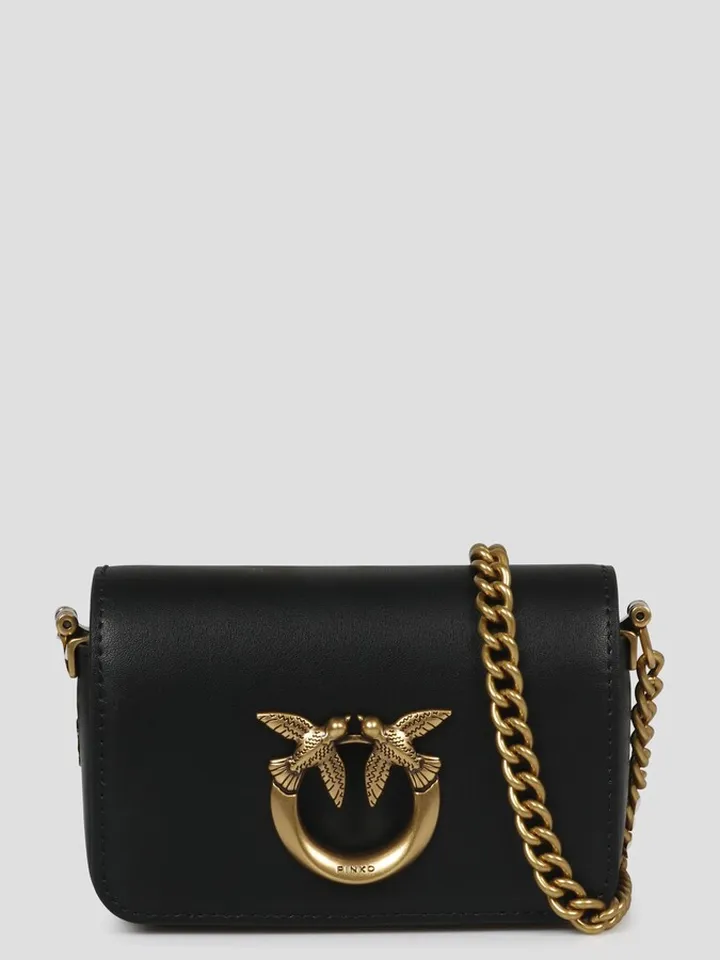 Pinko Micro Love Bag Click in silky-feel leather embellished by the iconic metal Love Birds Diamond Cut buckle.