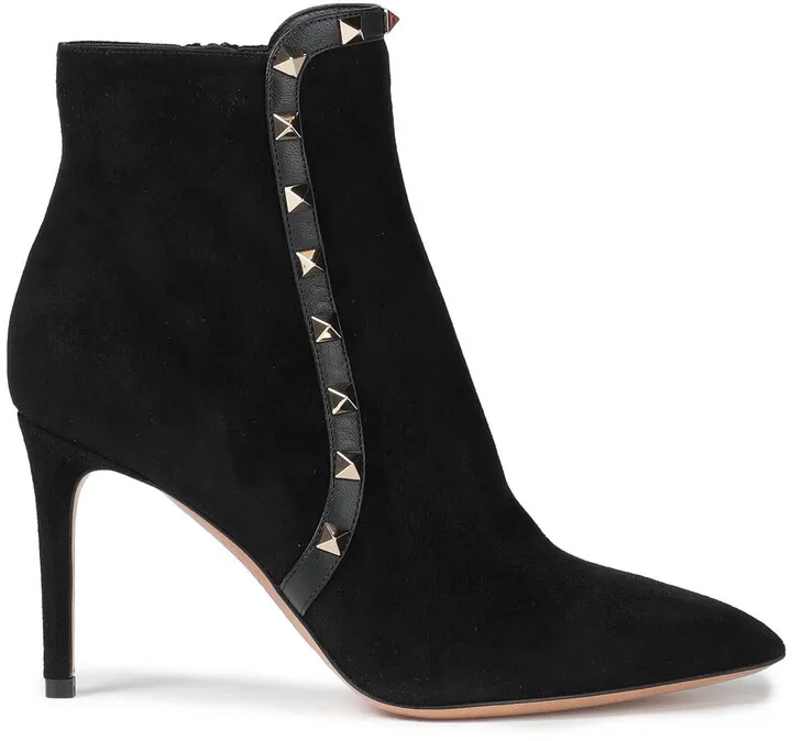 Rockstud leather-trimmed suede ankle boots