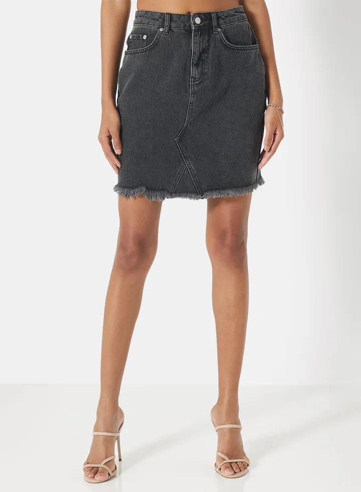 Raw Hem Denim Skirt Black