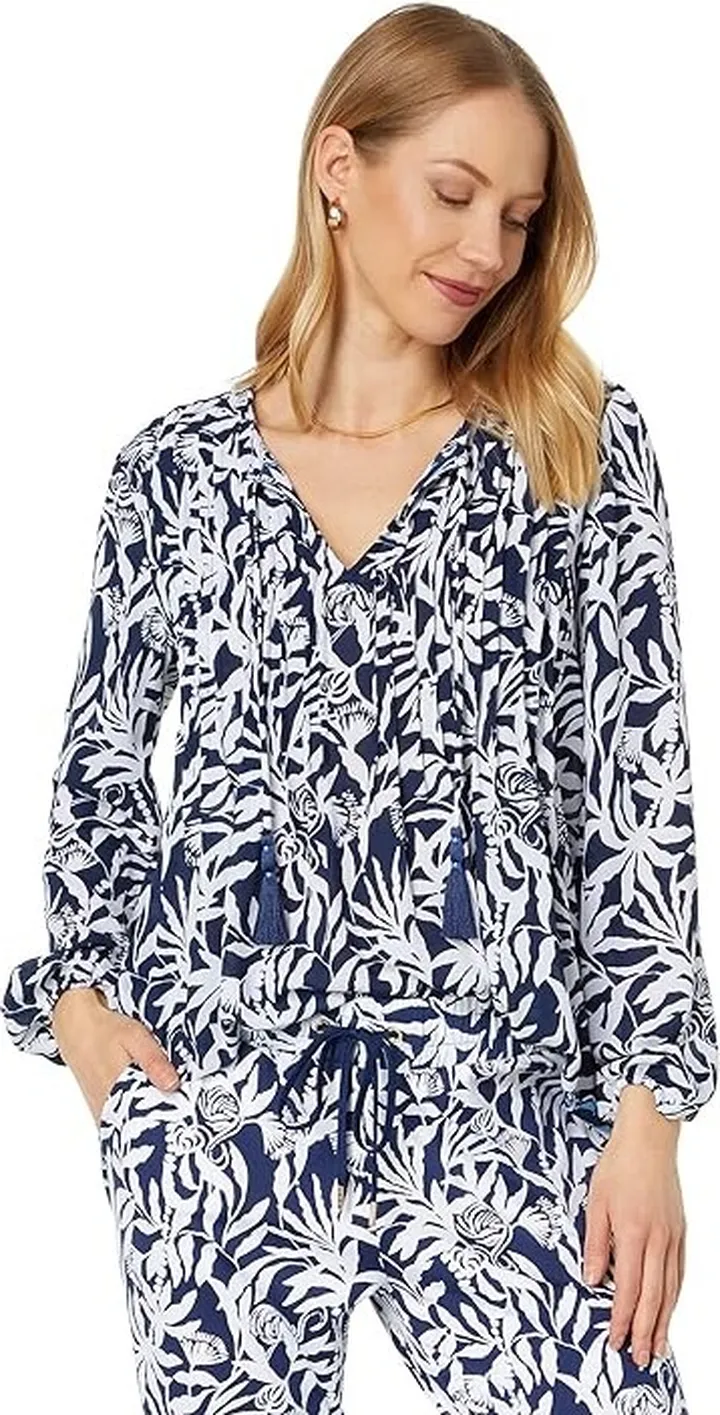 Lilly Pulitzer Marilina Long Sleeve Tunic (Low Tide Navy Flocking To Paradise) Women's Clothing