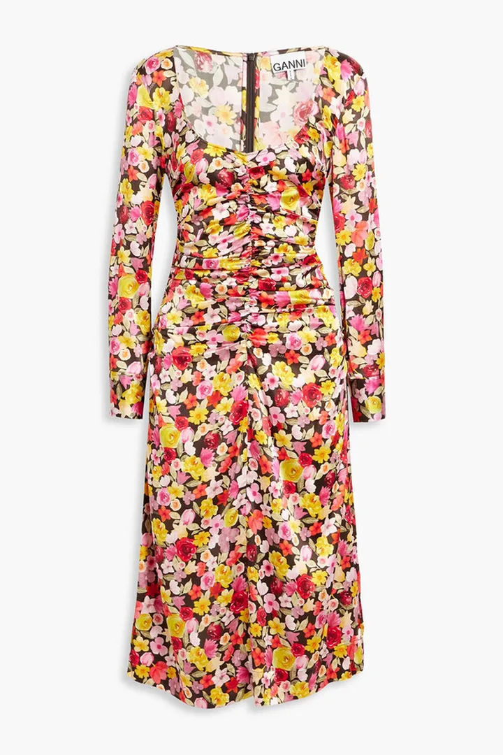Ruched floral-print silk-blend satin midi dress