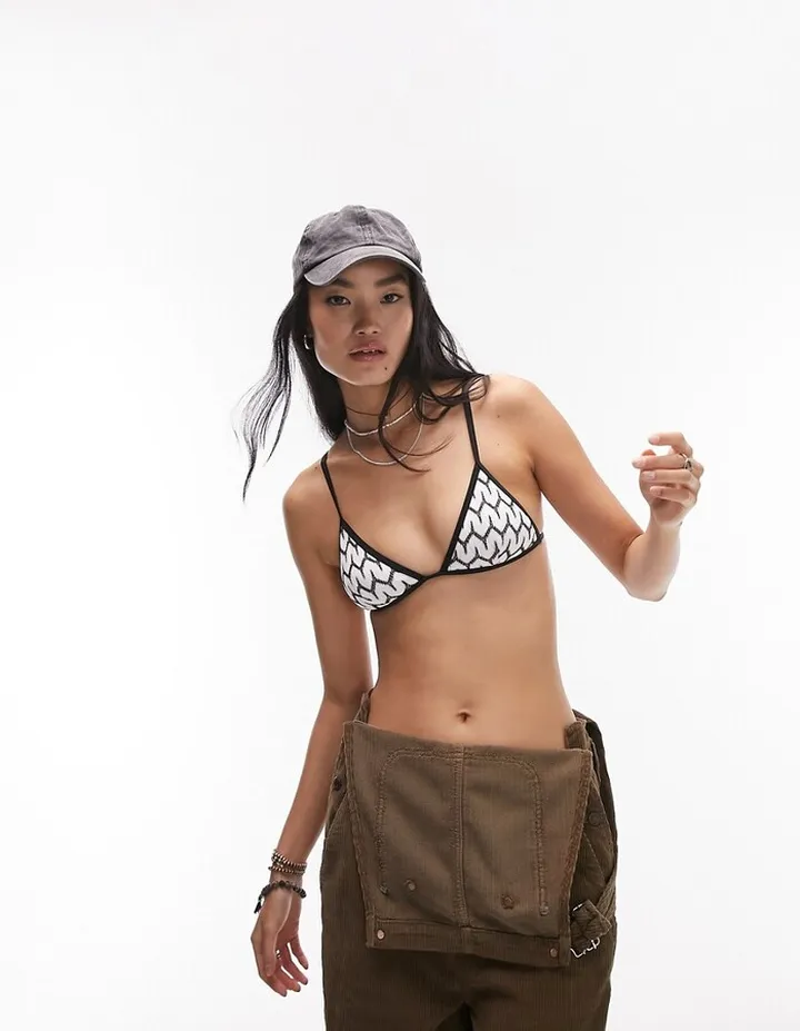 Topshop knit triangle bikini top in monochrome