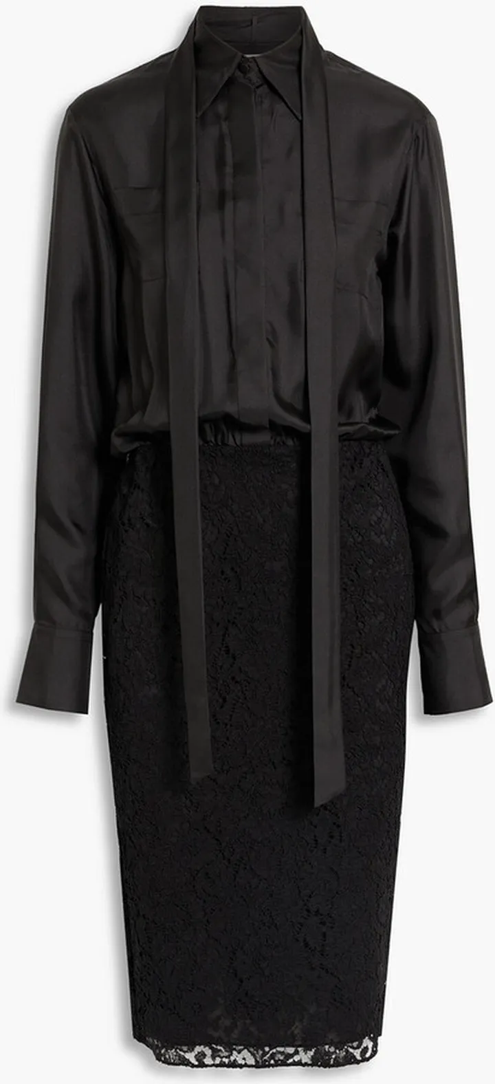 Corded lace-paneled silk-twill shirt dress