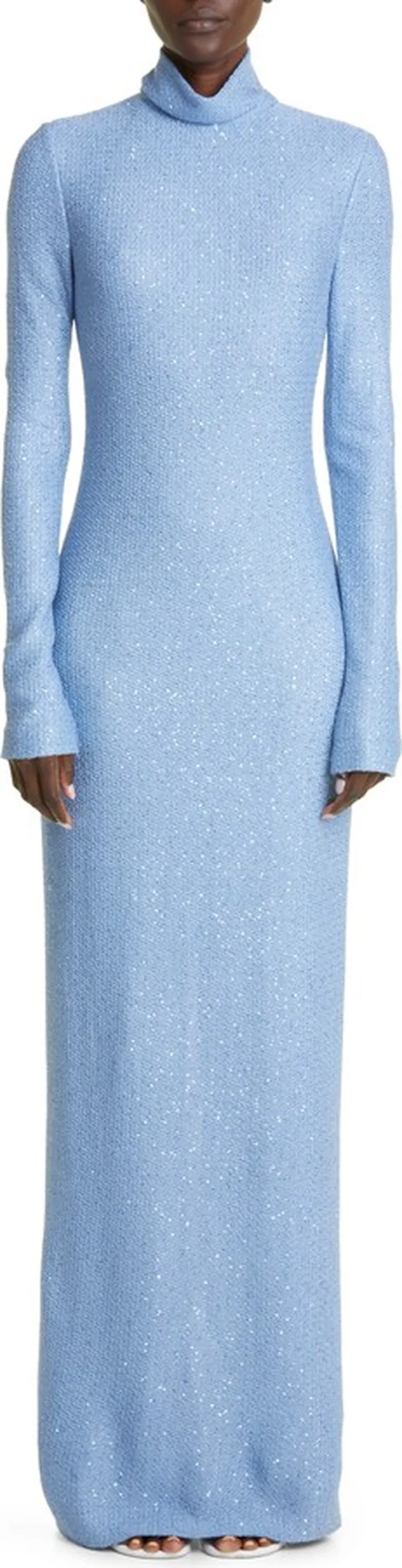 High Neck Long Sleeve Sequin Knit Gown