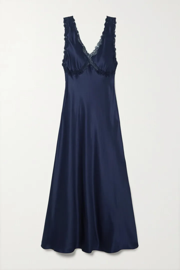 Loretta Caponi - + Net Sustain Albina Corded Lace-trimmed Silk-satin Chemise - Blue