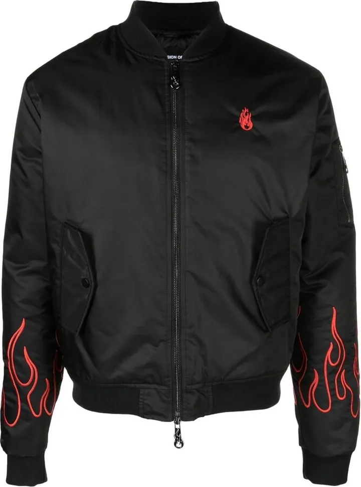 Flame-Embroidered Bomber Jacket
