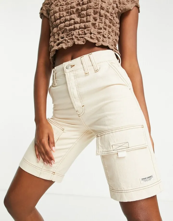 Topshop cargo denim short in ecru