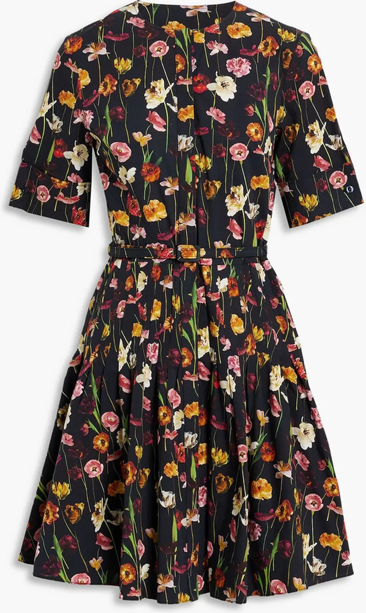 Pleated floral-print cotton-blend poplin mini dress
