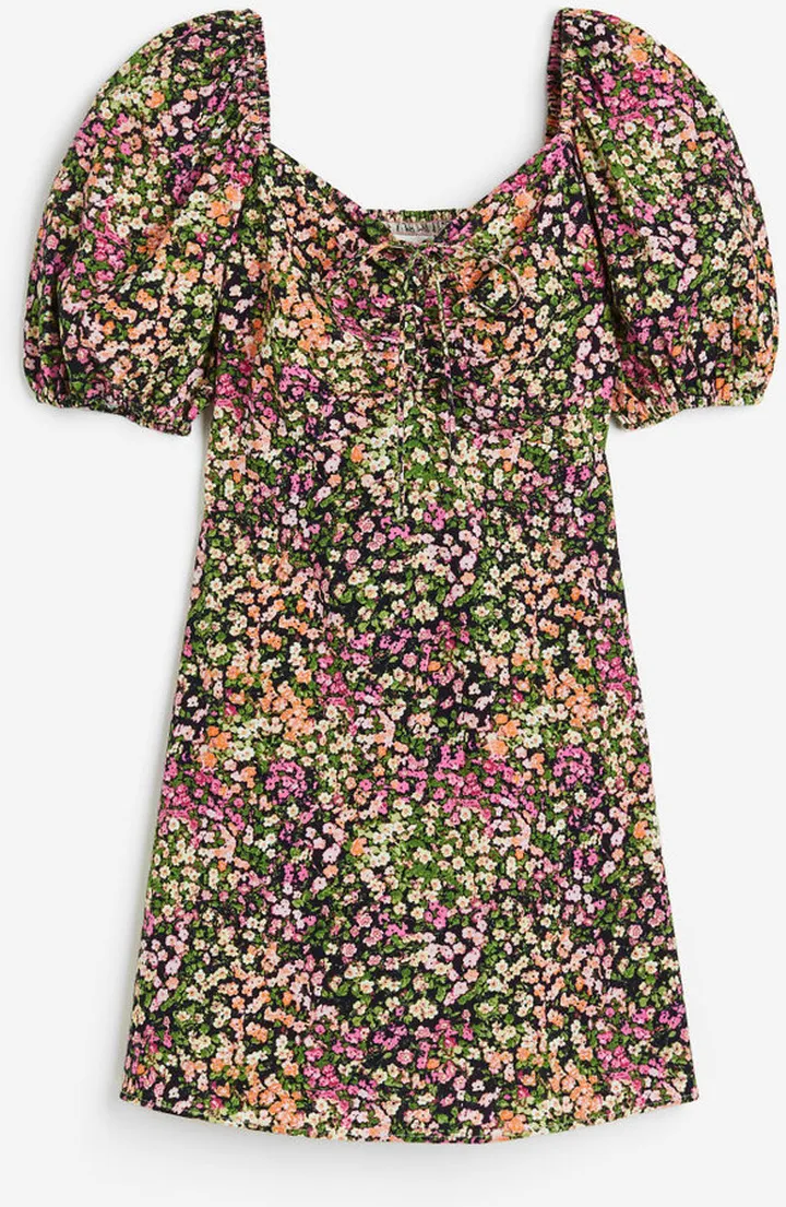 Puff-sleeved Dress with Lacing