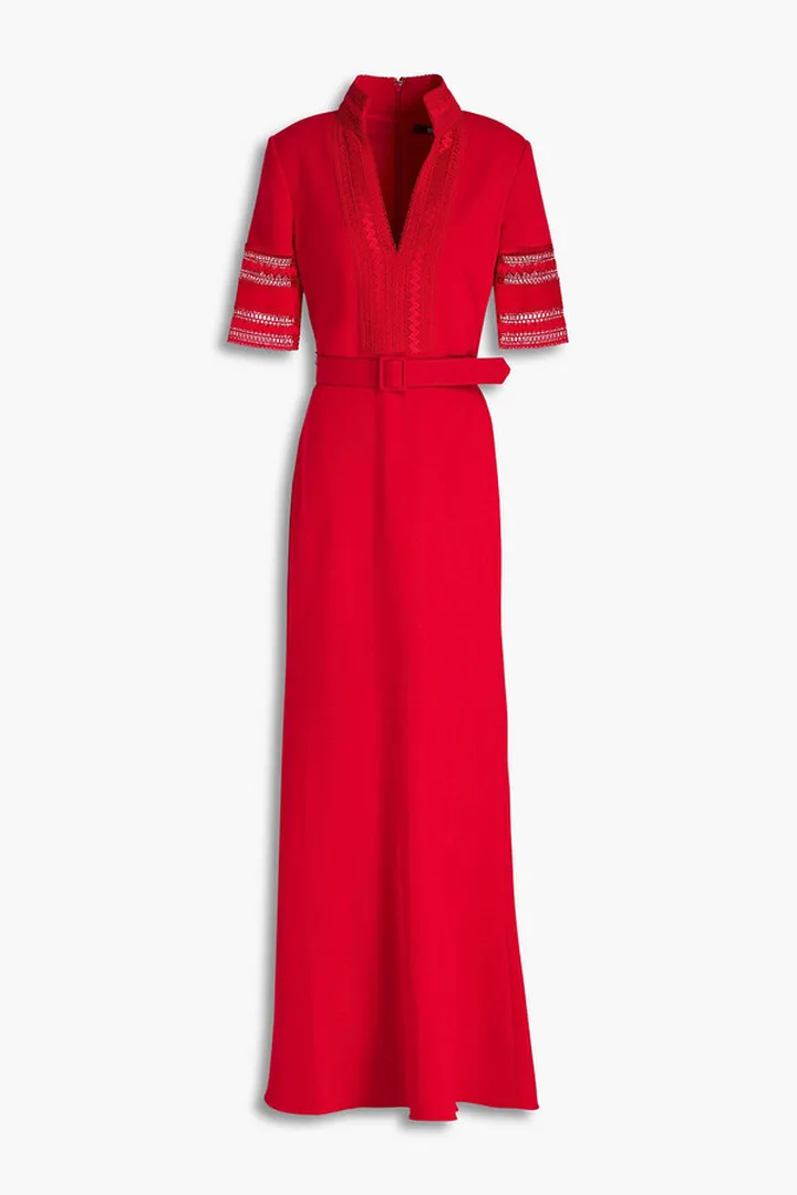 Belted guipure lace-trimmed crepe gown
