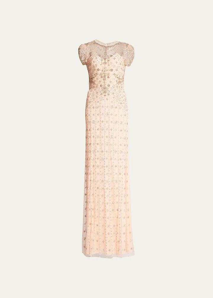 Clarissa Bead-Embellished Illusion Column Gown
