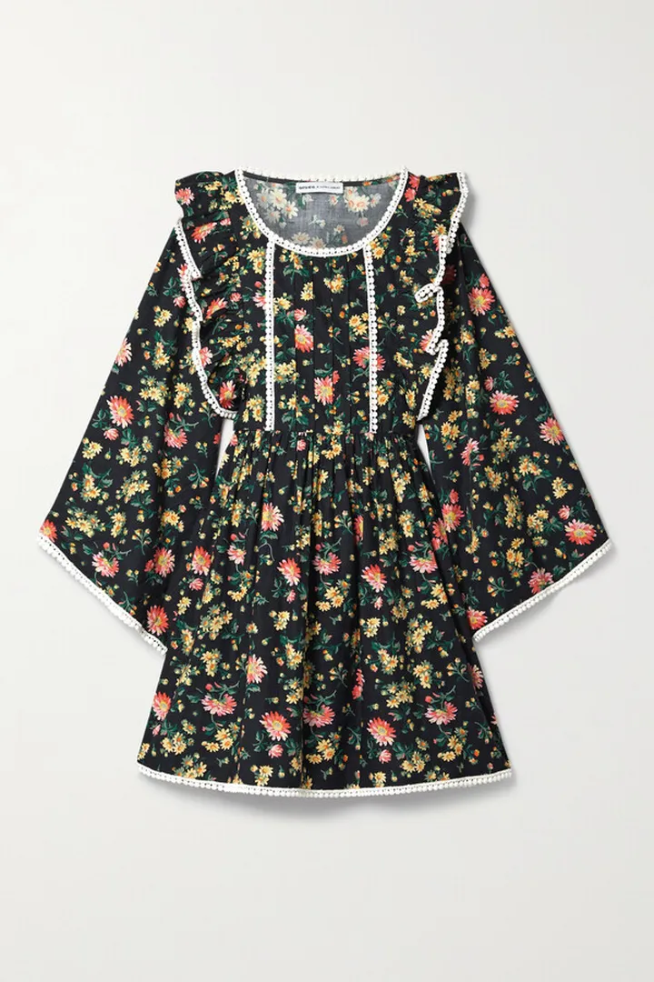 Batsheva - + Laura Ashley Rhys Belted Crochet-trimmed Cotton-poplin Mini Dress - Black