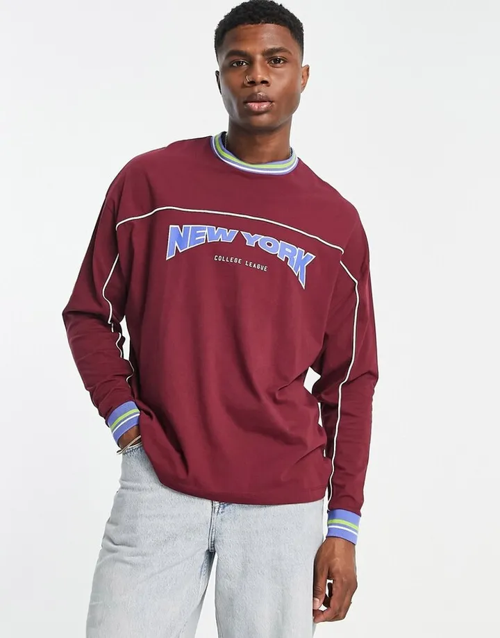 ASOS DESIGN oversized long sleeve t-shirt in burgundy with New York city print