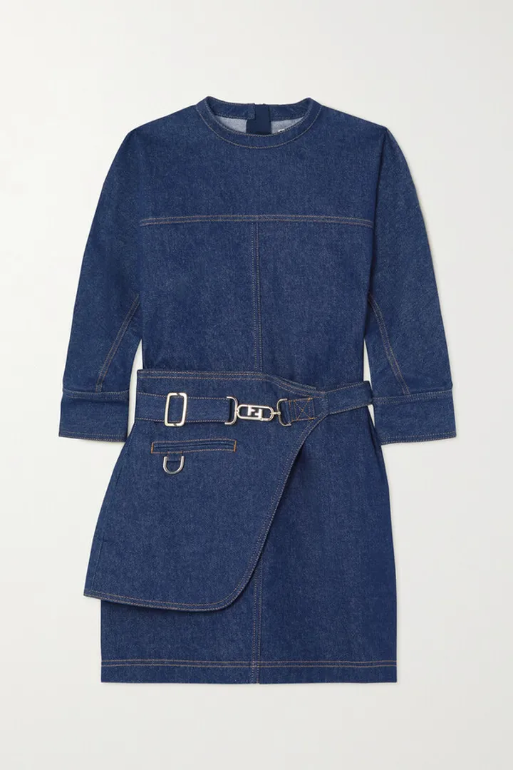 Fendi - Abito Belted Topstitched Denim Mini Dress - Blue