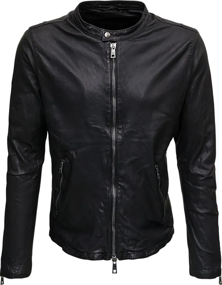 Black Leather Crew Neck Jacket