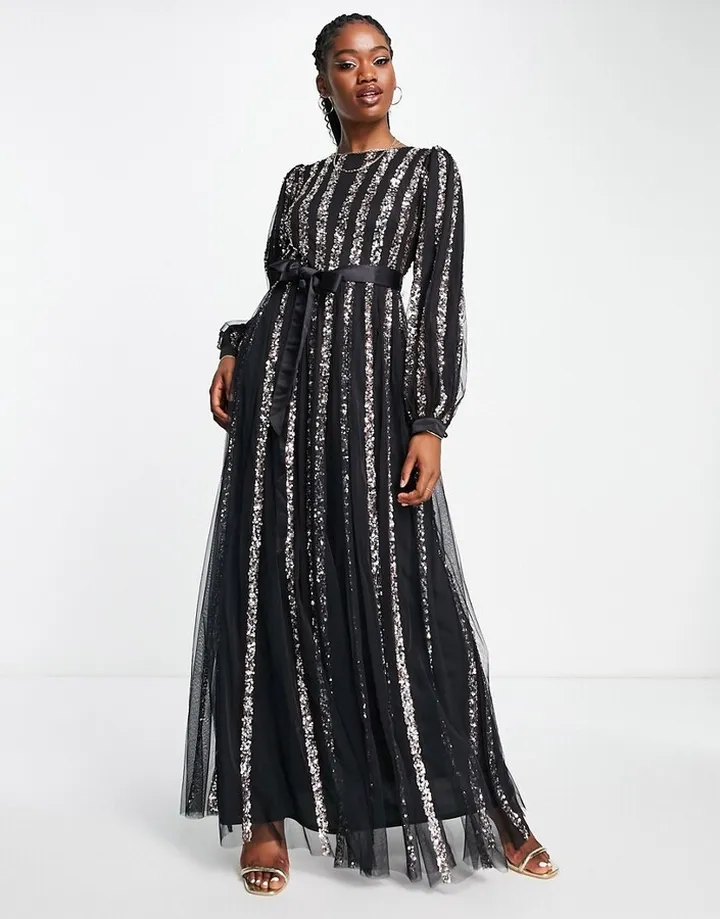 Maya long sleeve striped embellished dress in black