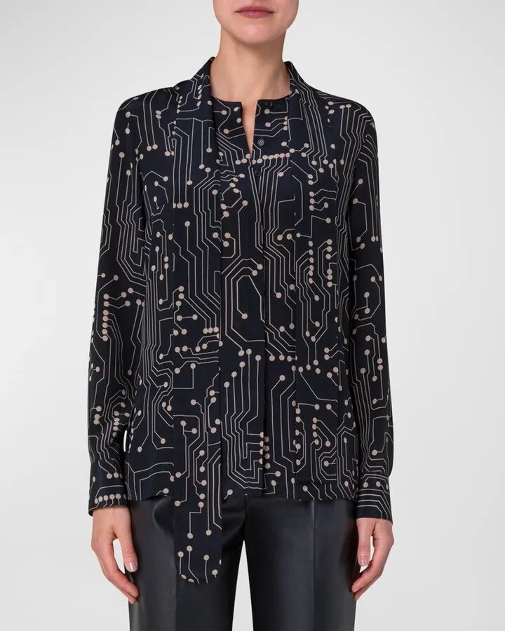 Circuit Board Print Tie-Neck Silk Blouse