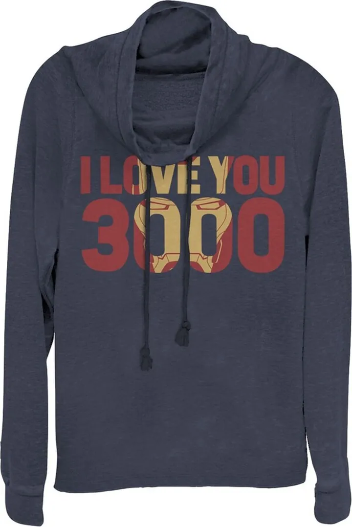 Junior's Marvel Iron Man Forever Love 3000 Cowl Neck Sweatshirt - Navy Blue - X Small