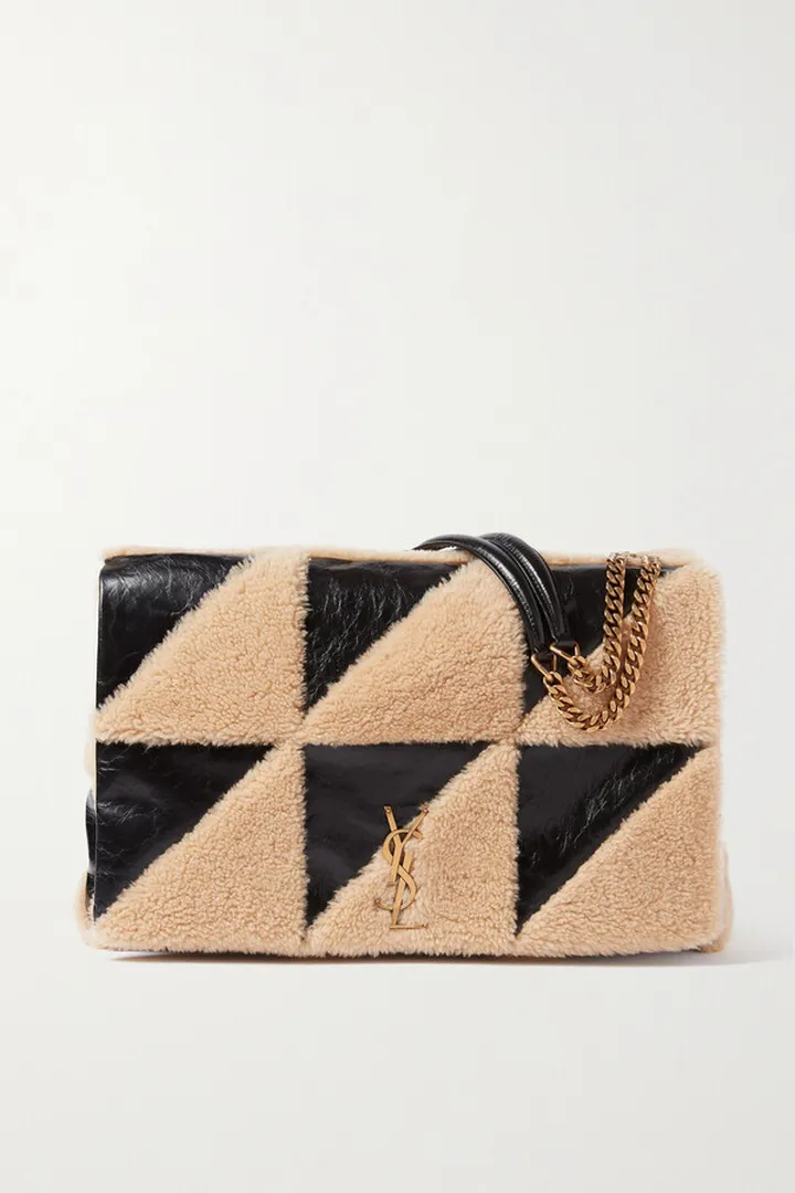 SAINT LAURENT - Jamie Large Patchwork Shearling And Crinkled-leather Shoulder Bag - Black