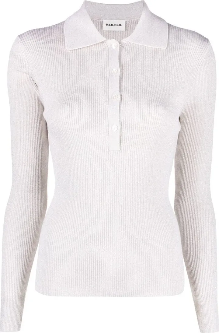 Glitter Ribbed-Knit Polo Top