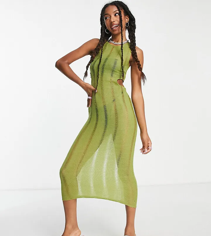 COLLUSION knit cut out tank top midi dress in green