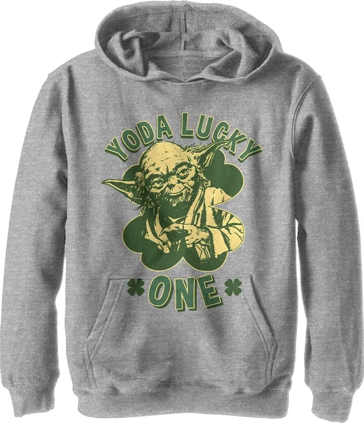 Boy's Star Wars St. Patrick's Day Yoda Lucky One Pull Over Hoodie - Athletic Heather - X Large