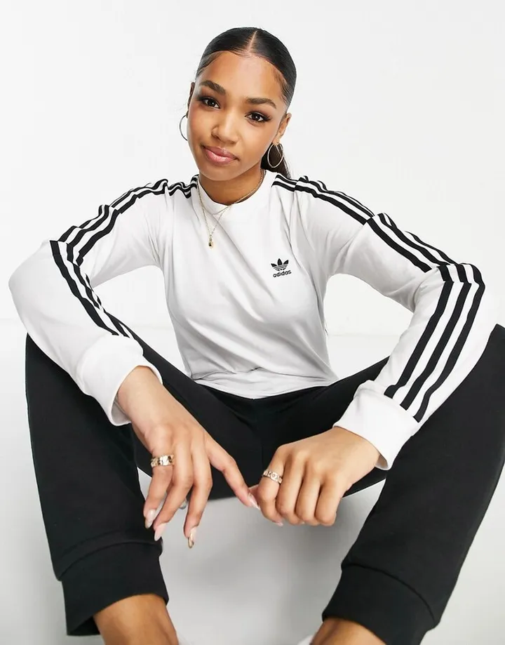 adidas Originals adicolor three stripe long sleeve t-shirt in white