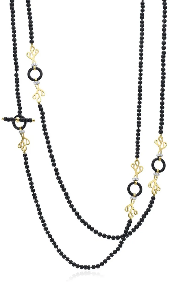 18k Gold Sea Leaf Onyx & Diamond Necklace