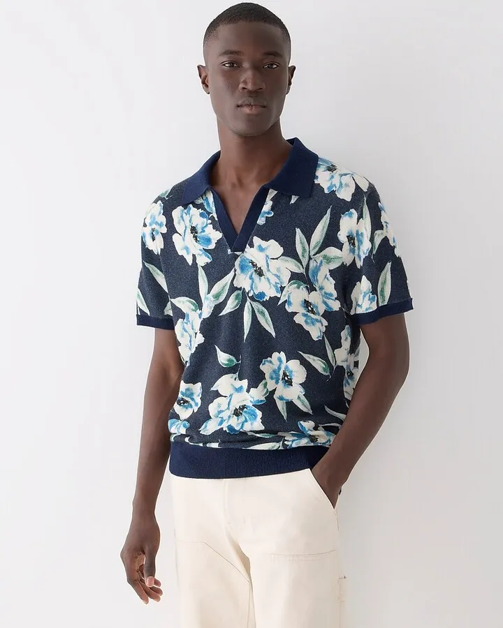 Cashmere short-sleeve johnny-collar sweater-polo in floral print