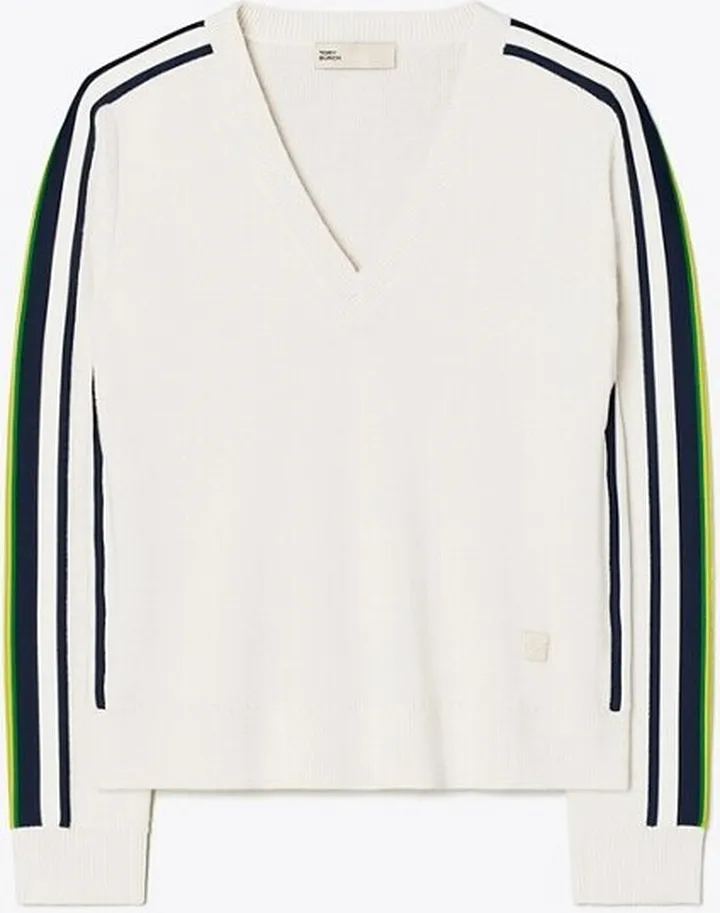 Wool Side-Stripe V-Neck Sweater