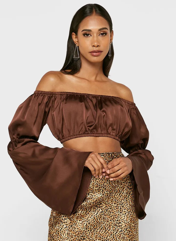 Bardot Flute Sleeve Crop Top
